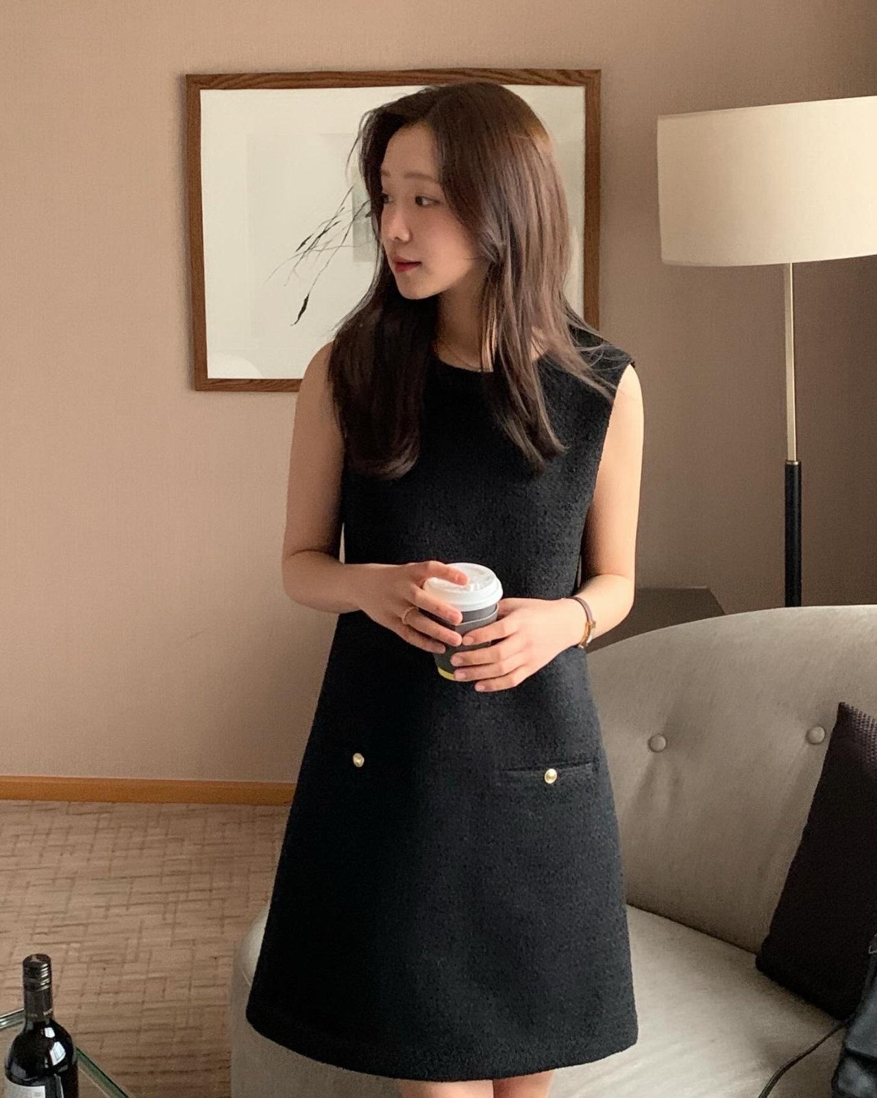 라인 트위드 미디 원피스