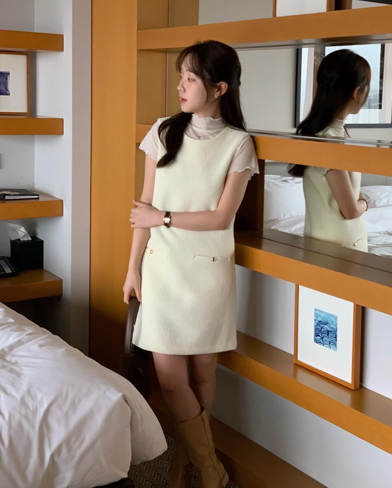 라인 트위드 미디 원피스 상세 이미지 3