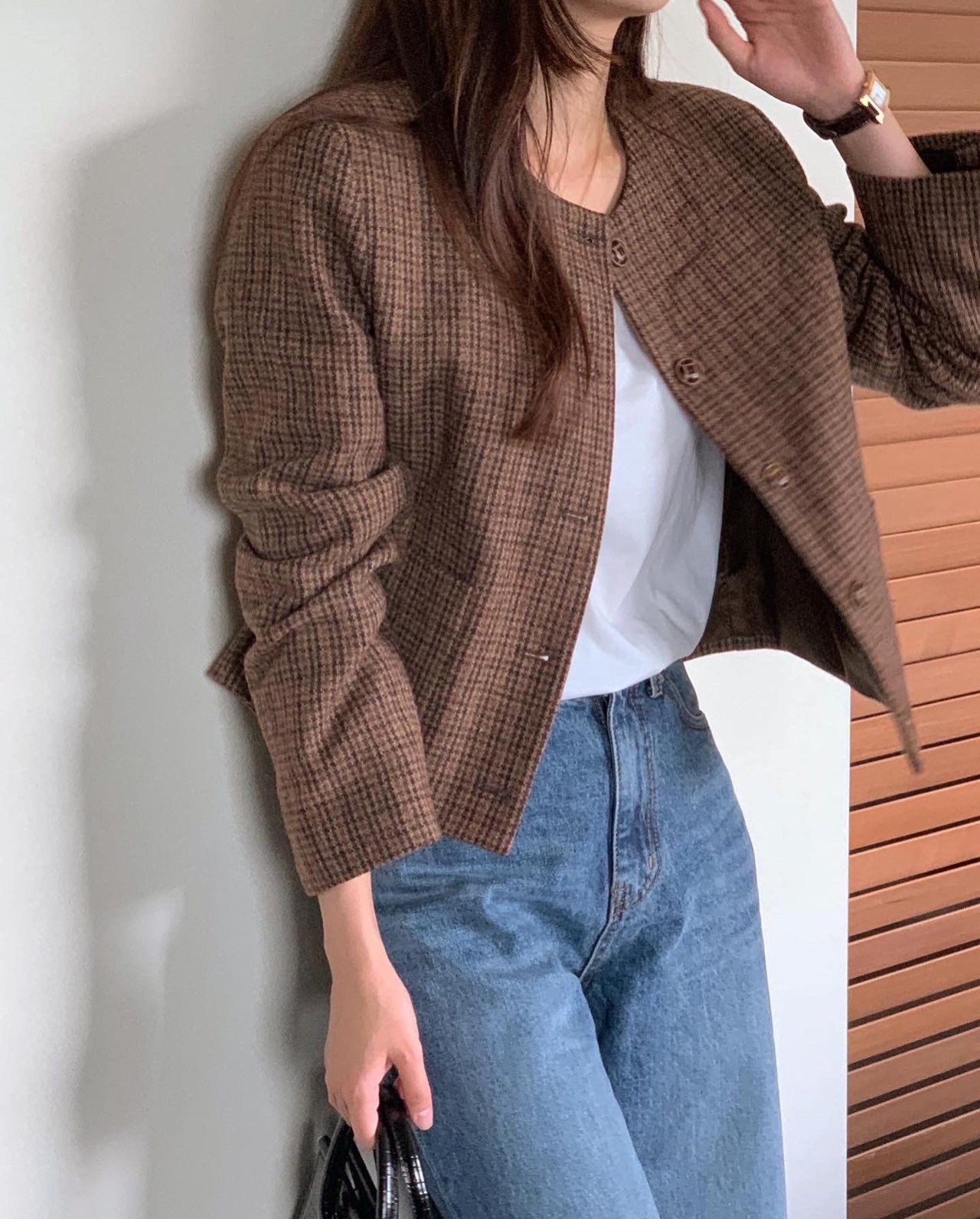 울 체크 노카라 자켓